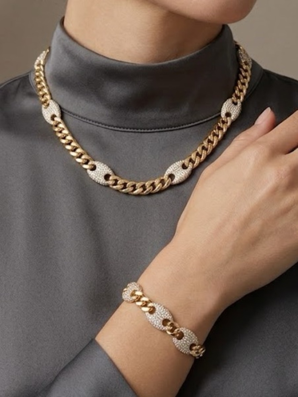 New 14k Gold Filled Two-Tone Curb Chain Necklace and Bracelet Set